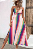 Multicolor Striped V Neck Spaghetti Strap Backless Maxi Dress