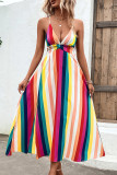 Multicolor Striped V Neck Spaghetti Strap Backless Maxi Dress