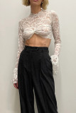 White Full Lace Flare Cuff Long Sleeves Crop Top