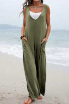Green Sleeveless V Neck Wide Leg Jumpsuit with Pockets