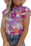Purple Multicolor Stand Collar Flutter Sleeves Floral Top