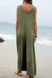 Green Sleeveless V Neck Wide Leg Jumpsuit with Pockets