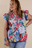 Red Plus Floral Print Ruffle Cap Sleeve V Neck Blouse