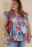 Red Plus Floral Print Ruffle Cap Sleeve V Neck Blouse