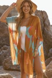 Brown Abstract Print Open Front Kimono with Slits