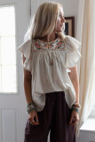 Apricot Stripe Ruffled Sleeve Embroidered Blouse