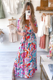 Multicolor Abstract Printed Wrap V Neck Belted Maxi Dress