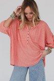 Pink Waffled Bracelet Sleeve Oversized Henley Top