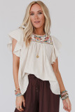 Apricot Stripe Ruffled Sleeve Embroidered Blouse