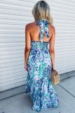 Sky Blue Abstract Print Shirred Lace-up Halter Open Back Maxi Dress