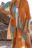 Brown Abstract Print Open Front Kimono with Slits