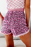 Pink Leopard Print Raw Hem Denim Shorts