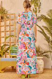 Multicolor Abstract Printed Wrap V Neck Belted Maxi Dress