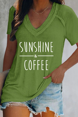 Sunshine and Coffee Print V Neck Graphic Tee