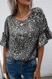 Black Leopard Spotted Ruffle Sleeve T-Shirt