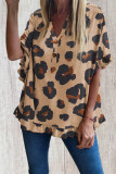Khaki Leopard Print Ruffled Buttoned V Neck Top