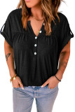 Black V-Neck Rolled Short Sleeve Henley Top