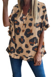 Khaki Leopard Print Ruffled Buttoned V Neck Top