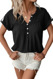 Black V-Neck Rolled Short Sleeve Henley Top