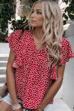 Red Floral Print Ruffle Sleeve Blouse