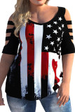Black American Flag Print Plus Size Cold Shoulder T Shirt