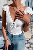 White V Neck Front Tie Puff Top