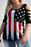 Black American Flag Print Plus Size Cold Shoulder T Shirt
