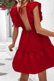 Red V Neck Ruffles Backless Dress