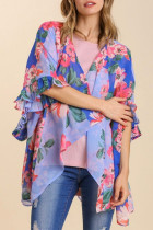 Sky Blue Floral Print Ruffled 3/4 Sleeve Loose Fit Kimono