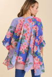 Sky Blue Floral Print Ruffled 3/4 Sleeve Loose Fit Kimono