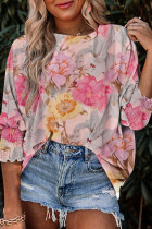 Pink Shirred Cuff 3/4 Sleeve Loose Fit Floral Blouse