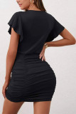 Black Ruched Flare Sleeves Bodycon Dress