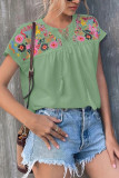 Plain Split Collar Embroidery Floral Blouse
