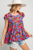 Multicolor Floral Print Ruffle Tiered Short Sleeve Babydoll Top
