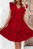 Red V Neck Ruffles Backless Dress