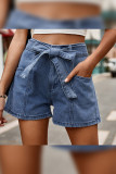 Blue Wash Pockets Denim Shorts With Sash