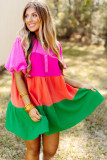 Multicolor Color Block Tiered Puff Sleeve Dress