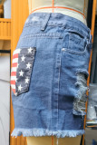 American Flag Print Pockets Stressed Denim Shorts