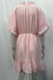 Plain Buttoned Split Collar Lace Splicing Swing Dress