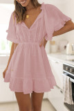 Plain Buttoned Split Collar Lace Splicing Swing Dress