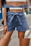 Blue Wash Pockets Denim Shorts With Sash
