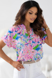 Pink Abstract Floral Print Notch V Neck Rolled Short Sleeve Blouse