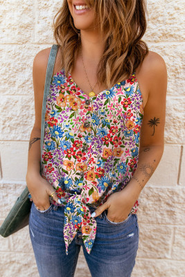 Multicolor Spaghetti Straps Knot Front Floral Tank Top
