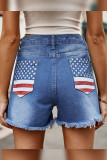 American Flag Print Pockets Stressed Denim Shorts