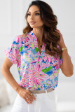 Pink Abstract Floral Print Notch V Neck Rolled Short Sleeve Blouse