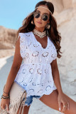 White Eyelet Floral Hollow-out Pattern Ruffle Top