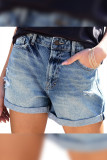 Blue Folded Hem Ripped Denim Shorts