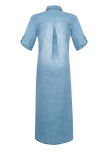 Blue Washed Turn Down Collar Side Split Denim Maxi Dress