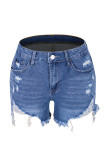 Blue Washed Ripped Stretched Denim Shorts