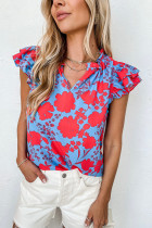 Red Floral Ruffled Cap Sleeve V-Neck Shift Blouse